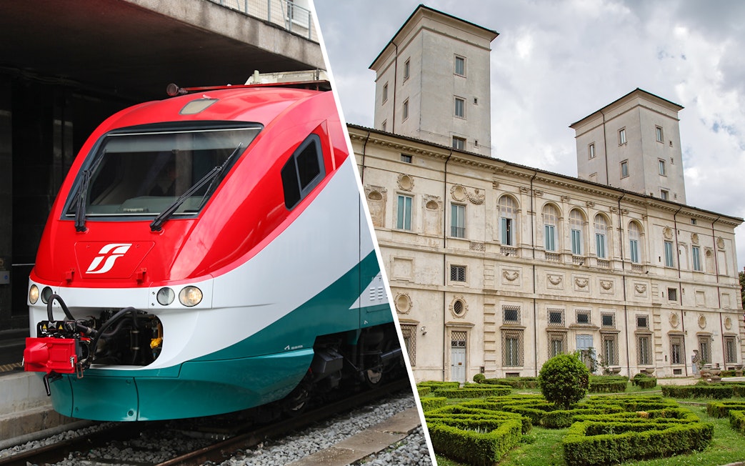 Leonardo Express train and Borghese Gallery in Rome, Italy.