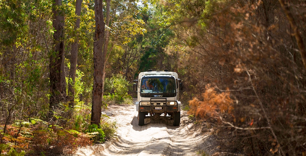 4WD vehicle navigating sandy trail through forest on Moreton Island, Australia.