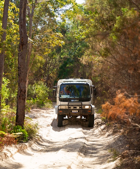 4WD vehicle navigating sandy trail through forest on Moreton Island, Australia.
