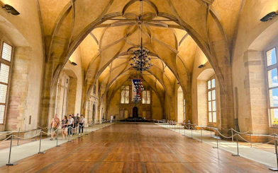 Visitors touring the grand hall of Prague Castle with vaulted ceilings.