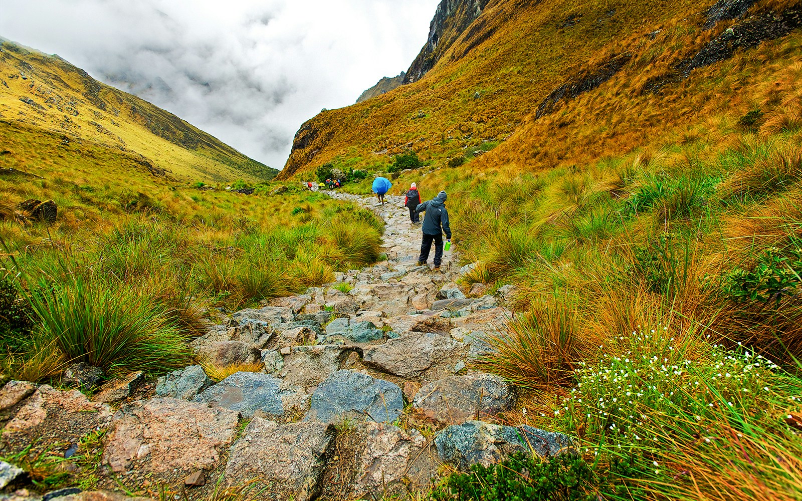 Hikers descending rocky path from Dead Woman's Pass, Inca Trail, Peru.