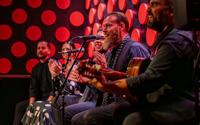 Flamenco performers clapping and playing guitar at Los Tarantos show.
