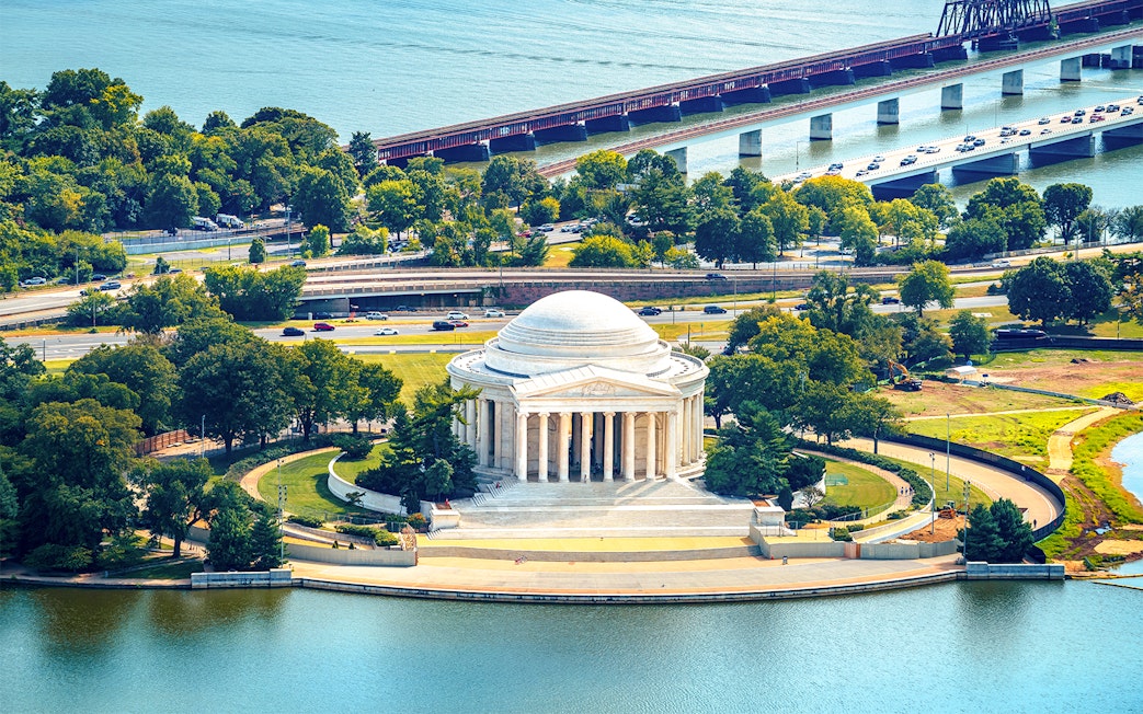Jefferson Memorial with Potomac River in Washington DC aerial view.