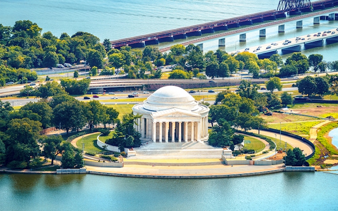 Jefferson Memorial with Potomac River in Washington DC aerial view.