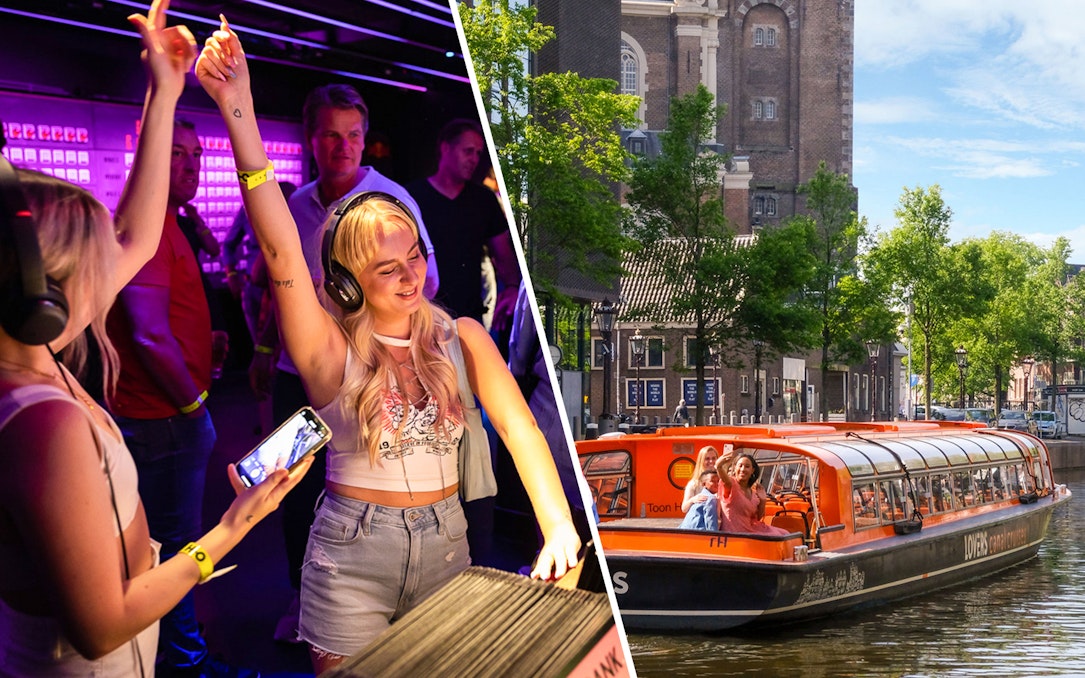 People enjoying a silent disco and a canal cruise in Amsterdam.