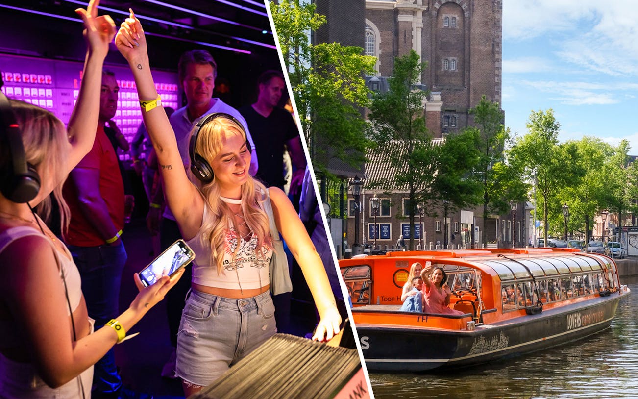 People enjoying a silent disco and a canal cruise in Amsterdam.