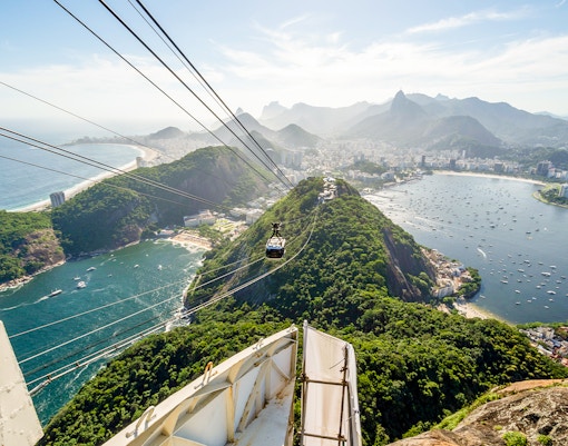 Sugar Loaf Mountain cable car overlooking Rio de Janeiro cityscape and ocean.