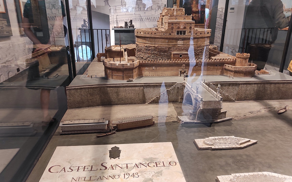 Castel Sant'Angelo miniature model display in museum setting, Rome.
