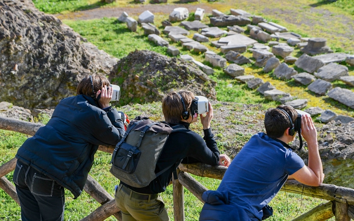 Visitors using VR headsets at Domus Aurea, Rome, for Nero's Golden House tour.