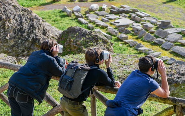 Visitors using VR headsets at Domus Aurea, Rome, for Nero's Golden House tour.