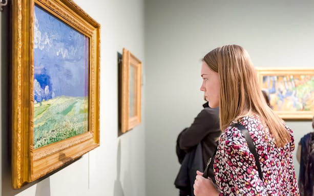 Visitor admiring Van Gogh painting in museum on In the Footsteps Van Gogh Small Group Tour.