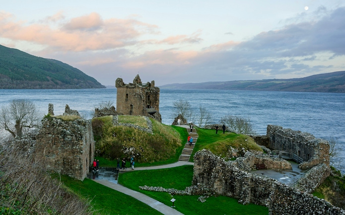 Ruins of Urquhart Castle overlooking Loch Ness in Scotland.