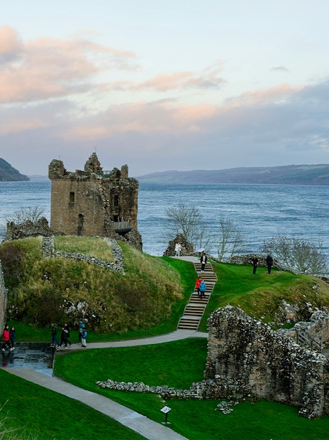 Ruins of Urquhart Castle overlooking Loch Ness in Scotland.