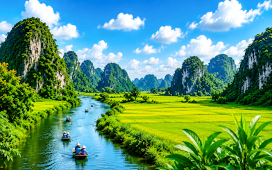Boats on a river in Vietnam's lush countryside with limestone karsts, near Hanoi.