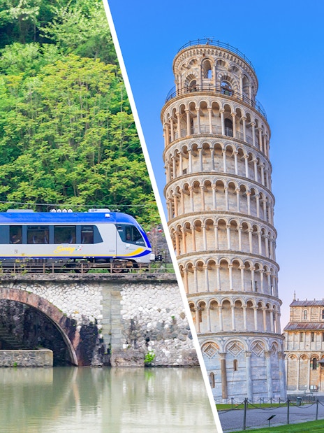 Train crossing a stone bridge in Italy and the Leaning Tower of Pisa.