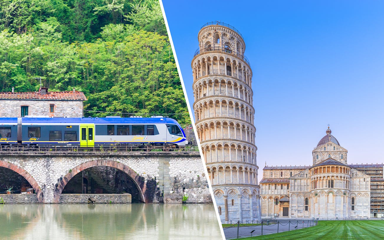 Train crossing a stone bridge in Italy and the Leaning Tower of Pisa.
