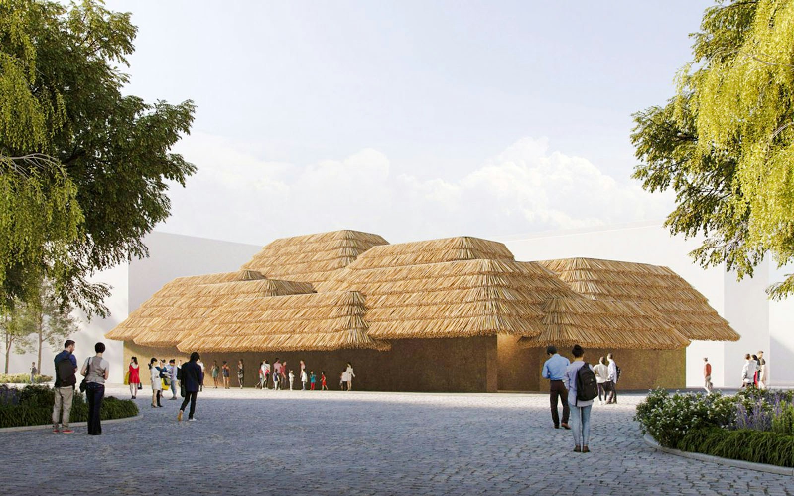 Earth Mart Pavilion with thatched roof at Expo 2025 Osaka, Kansai, surrounded by visitors.