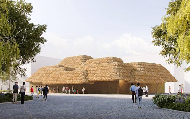 Earth Mart Pavilion with thatched roof at Expo 2025 Osaka, Kansai, surrounded by visitors.
