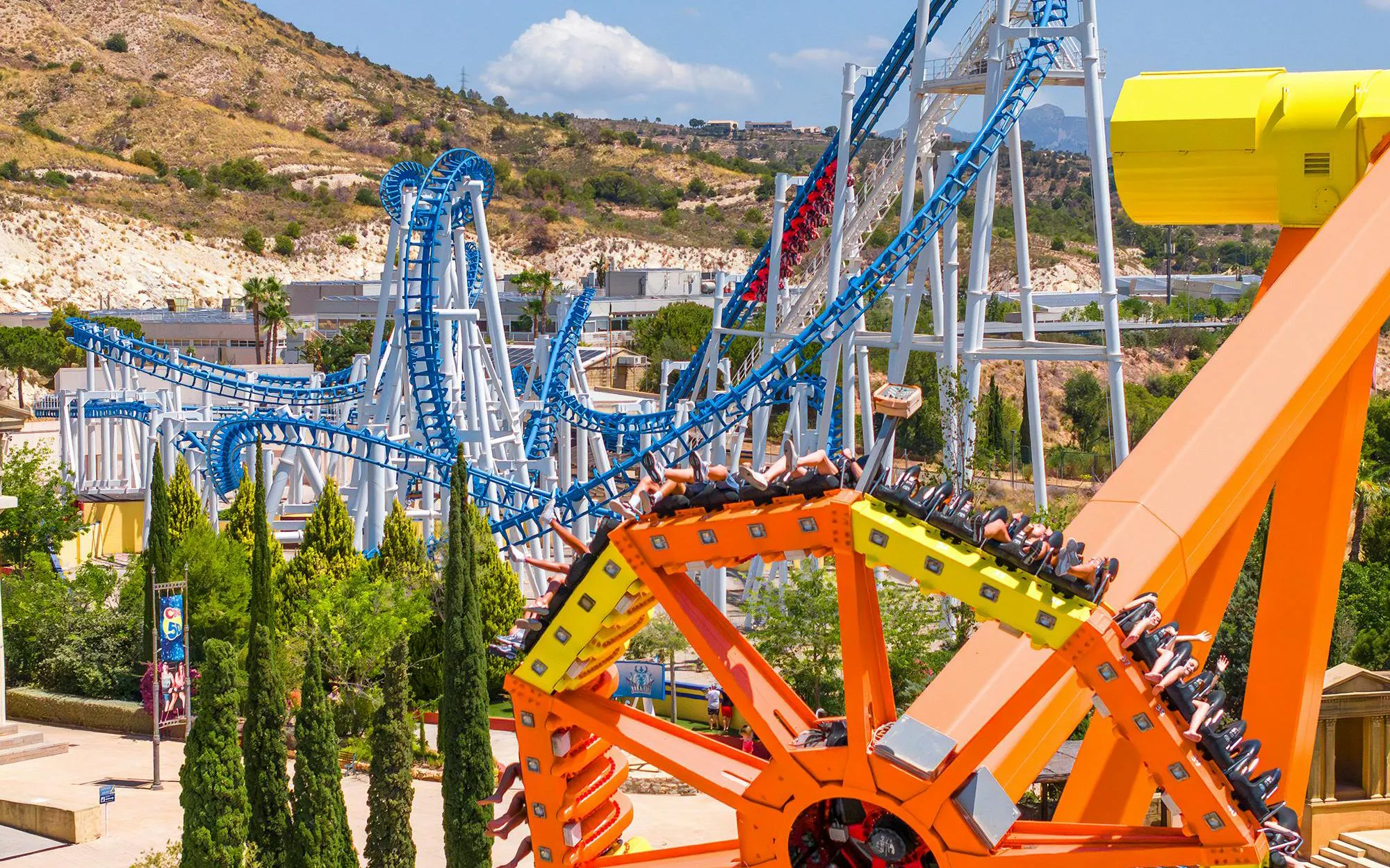 Roller coaster and thrill ride at Terra Mitica theme park in Spain.