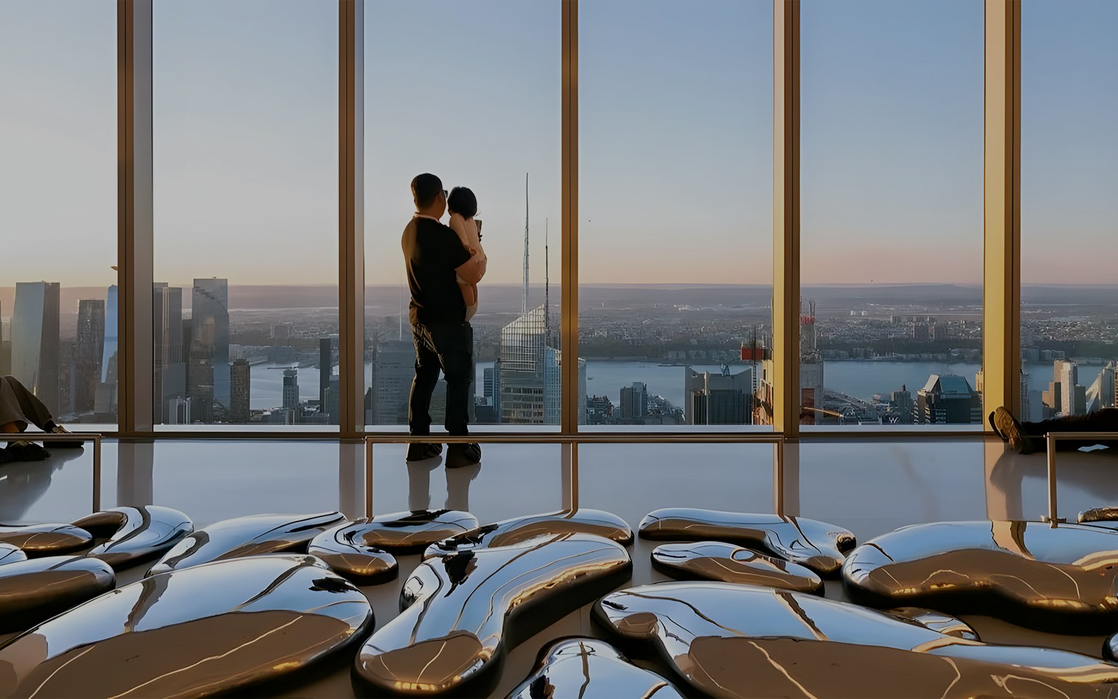 Father and daughter exploring Summit One Vanderbilt Reflect exhibit in New York City.