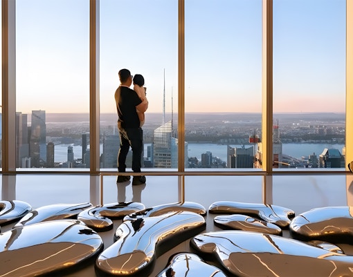 Father and daughter exploring Summit One Vanderbilt Reflect exhibit in New York City.