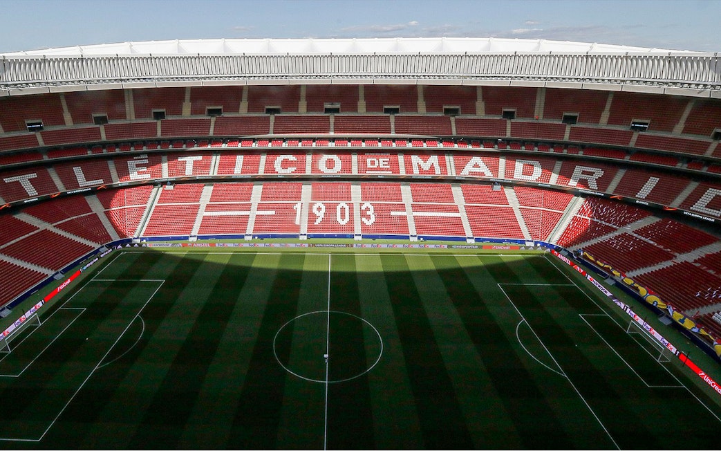Atletico de Madrid Stadium stadium seating and field, Madrid, for "Territorio Atleti" tour.