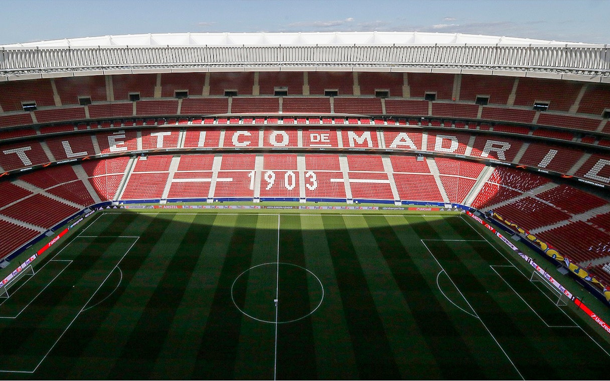 Cívitas Metropolitano stadium seating and field, Madrid, for "Territorio Atleti" tour.