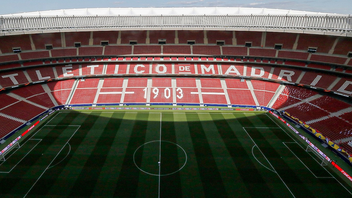 Atletico de Madrid Stadium stadium seating and field, Madrid, for "Territorio Atleti" tour.