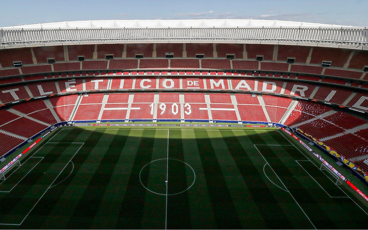 Cívitas Metropolitano stadium seating and field, Madrid, for "Territorio Atleti" tour.