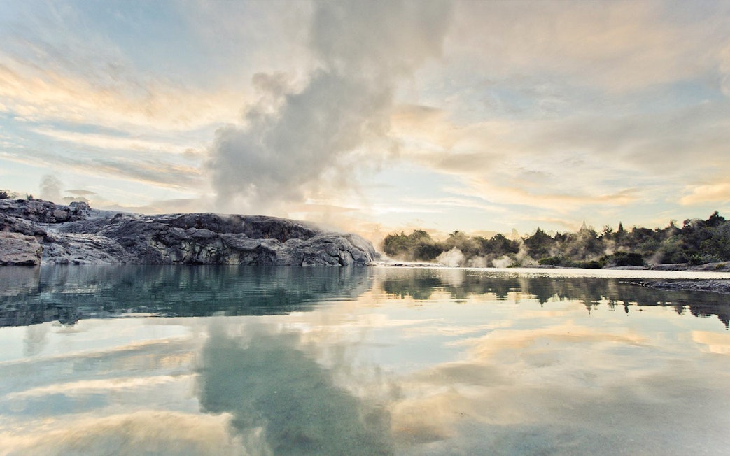 Geothermal steam rising from Te Puia's Pohutu Geyser in Rotorua, New Zealand.