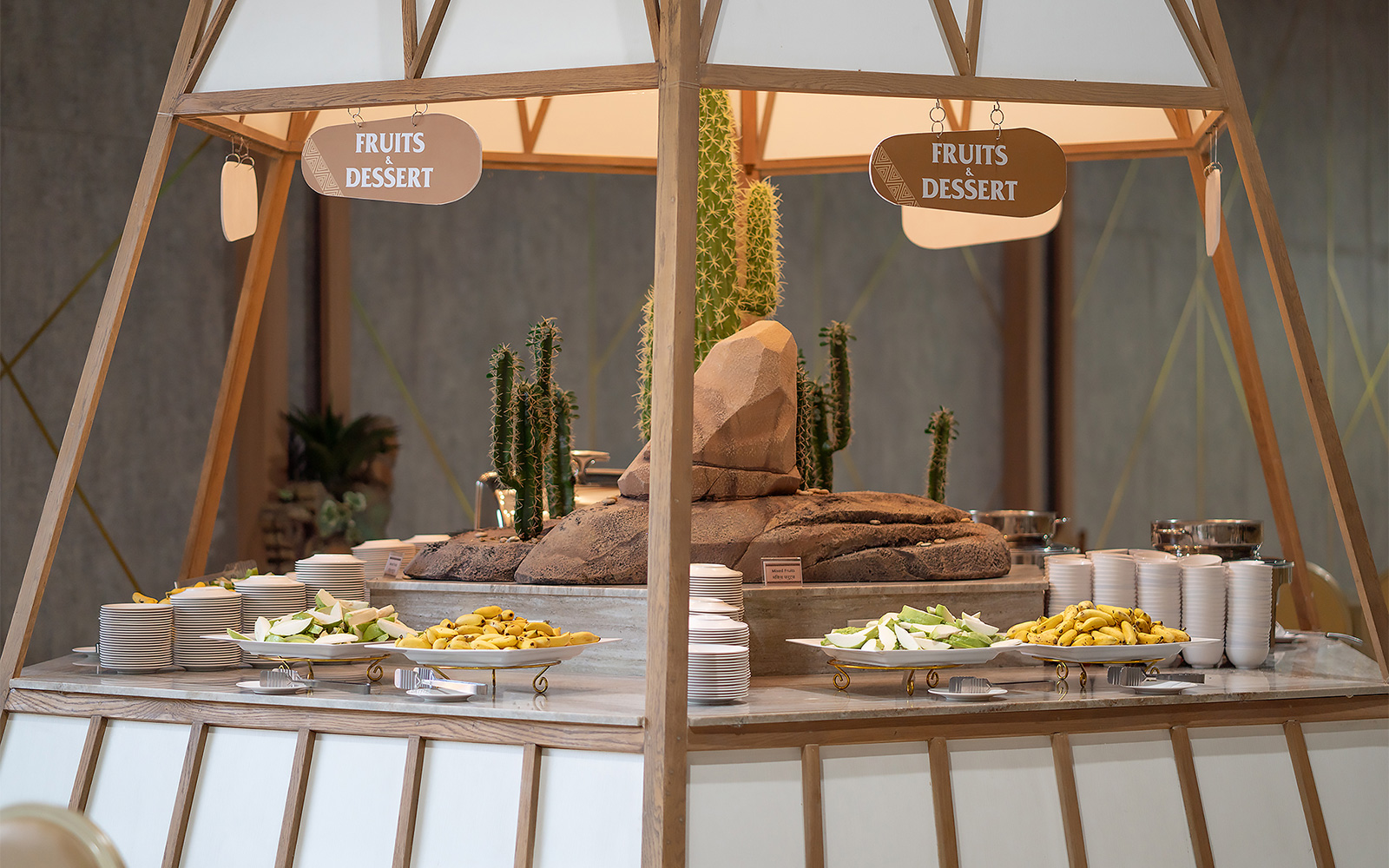 Buffet lunch with fruits and dessert at Savanna restaurant, Safari World.