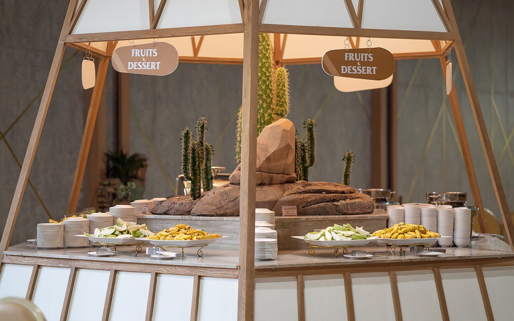 Buffet lunch with fruits and dessert at Savanna restaurant, Safari World.