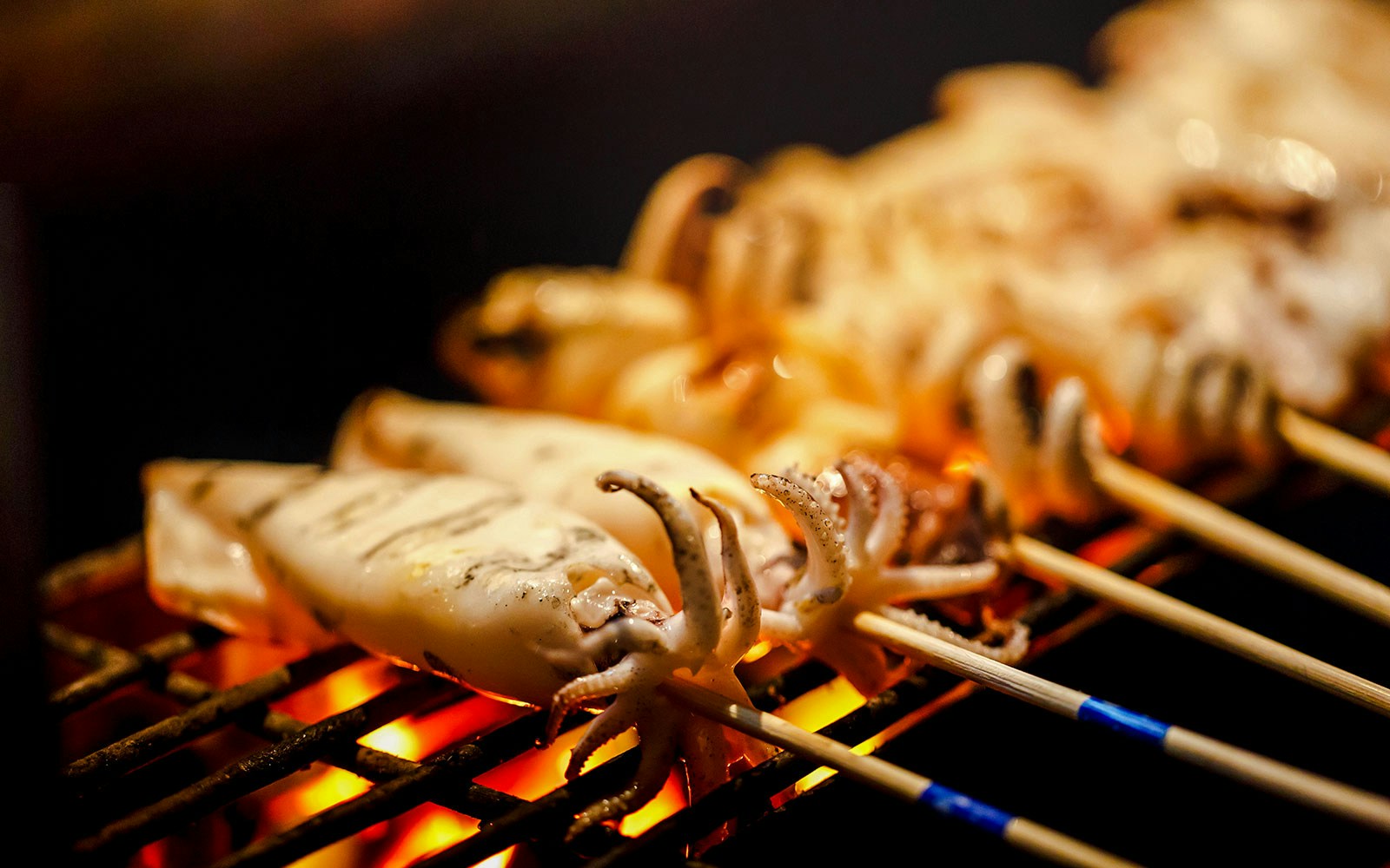 Grilled squid skewers cooking over open flame.