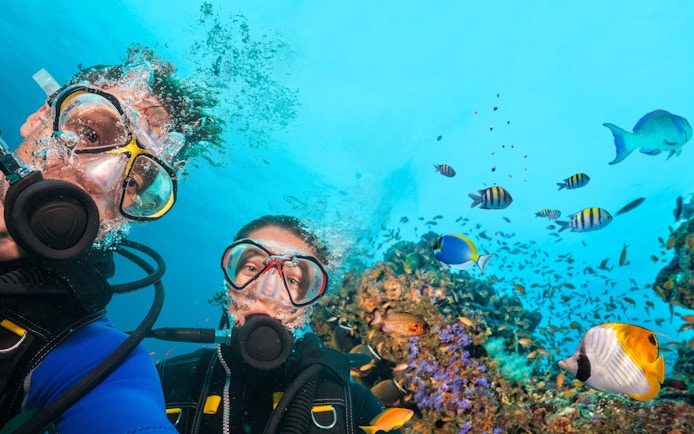 Scuba divers exploring vibrant coral reefs and colorful fish in the Red Sea, Hurghada.