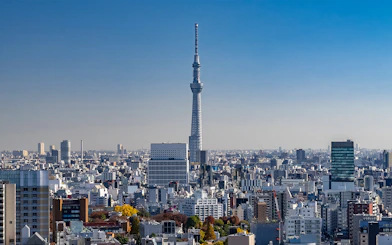 Tokyo Skytree towering over cityscape, part of Samurai Ninja Museum and Skytree combo tour.