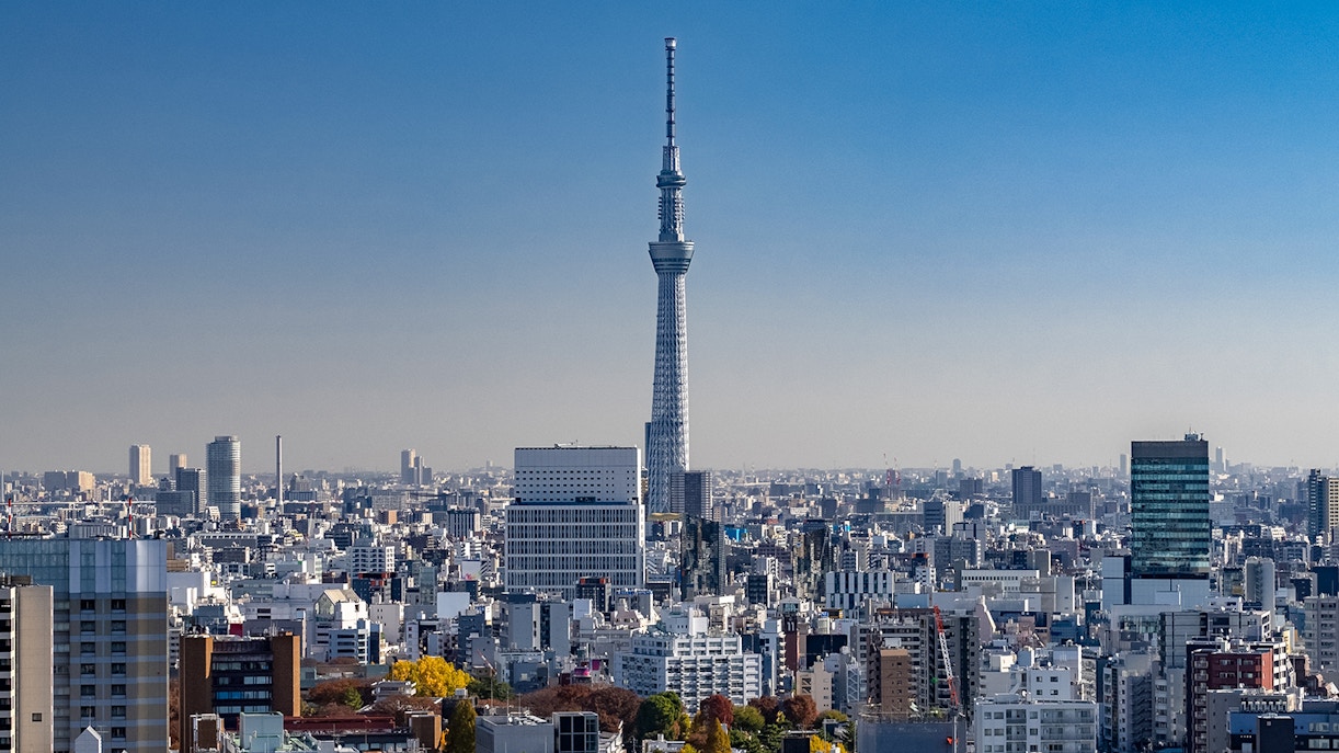 Tokyo Skytree towering over cityscape, part of Samurai Ninja Museum and Skytree combo tour.