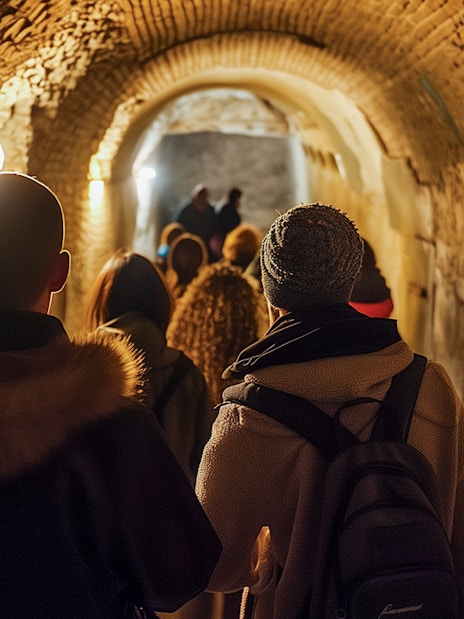 Tourists walking through ancient Roman Catacombs on a guided tour.