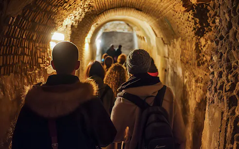 Tourists walking through ancient Roman Catacombs on a guided tour.