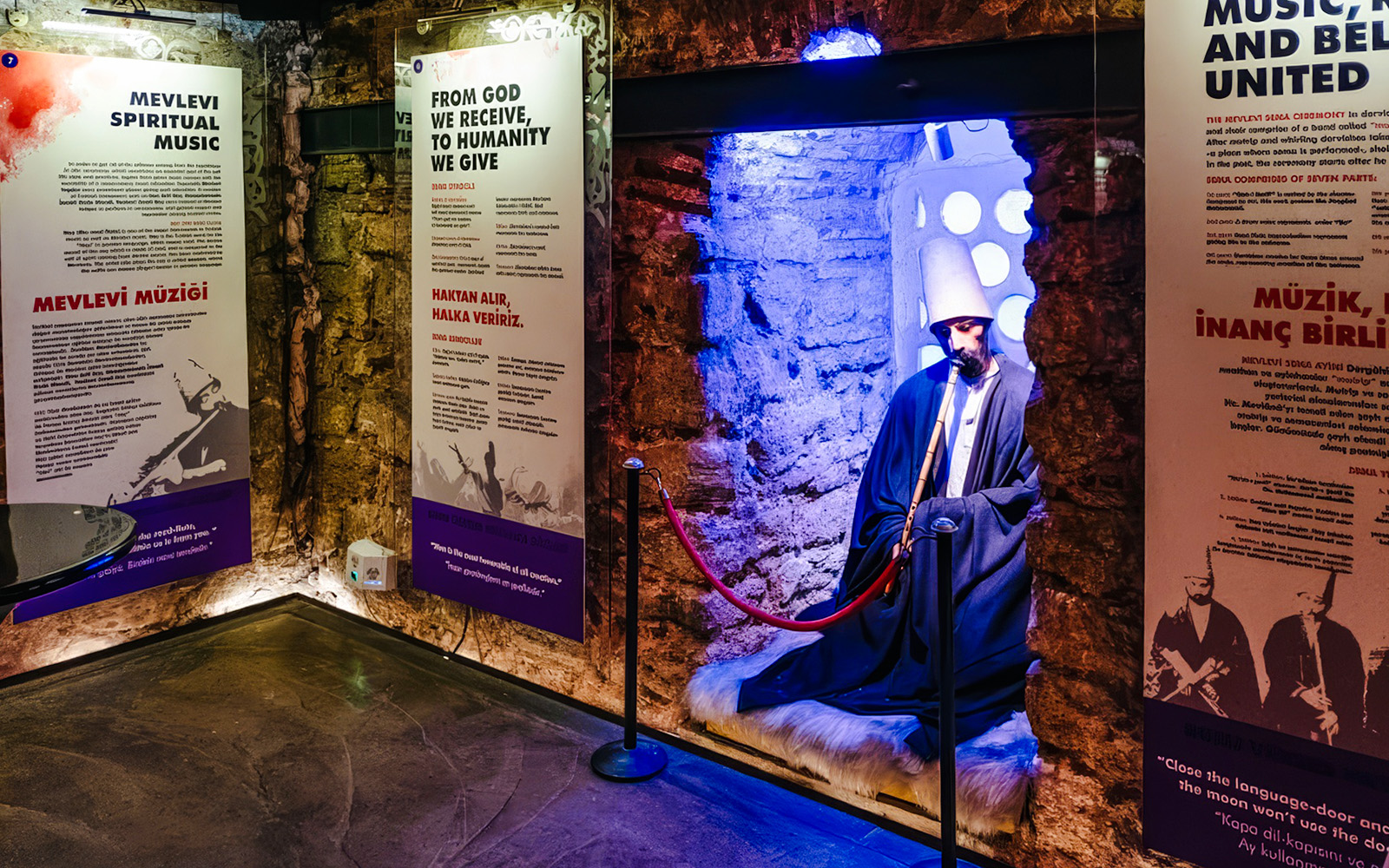 Whirling Dervish exhibit at Hodjapasha, Istanbul, showcasing spiritual music and cultural history.