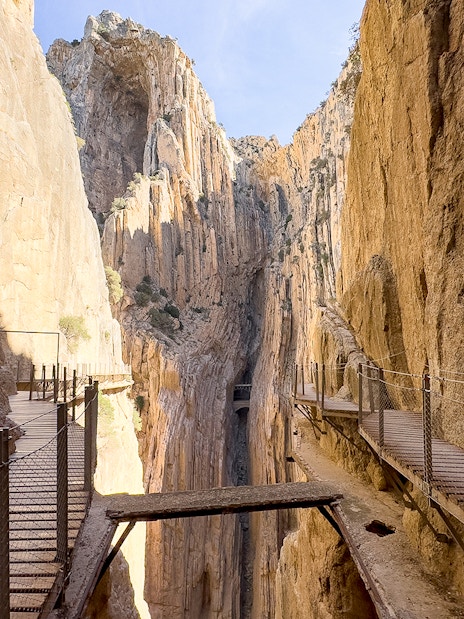 Caminito del Rey walkway between steep cliffs in Andalusia, Spain.