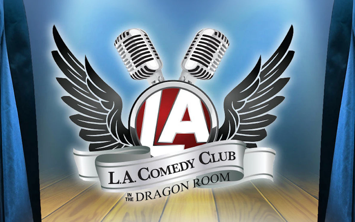 LA Comedy Club logo with microphones and wings in Las Vegas.