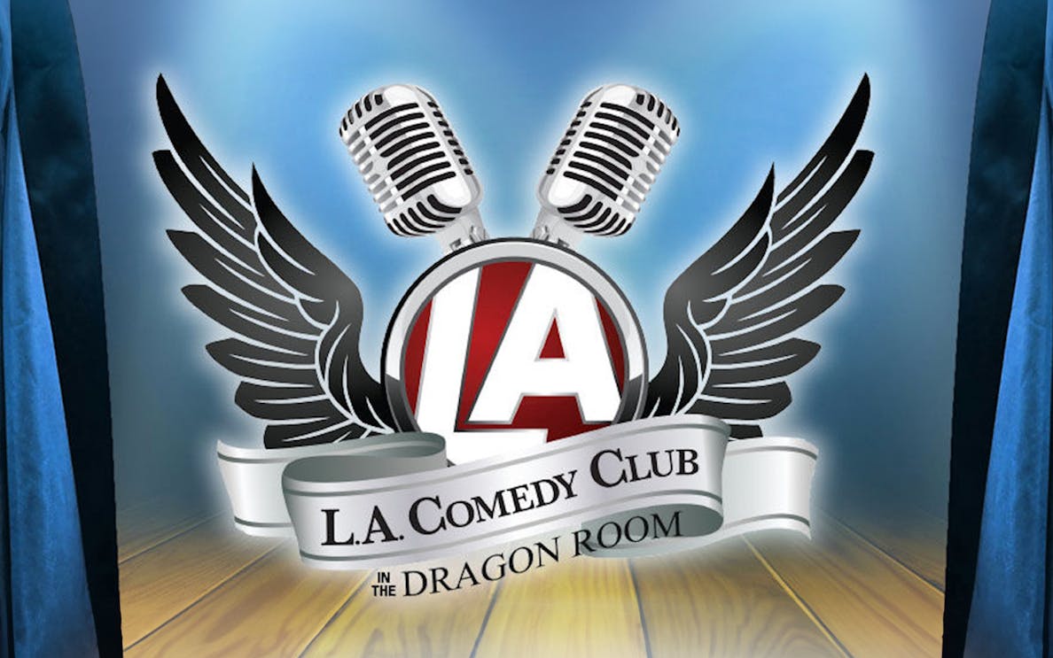LA Comedy Club logo with microphones and wings in Las Vegas.