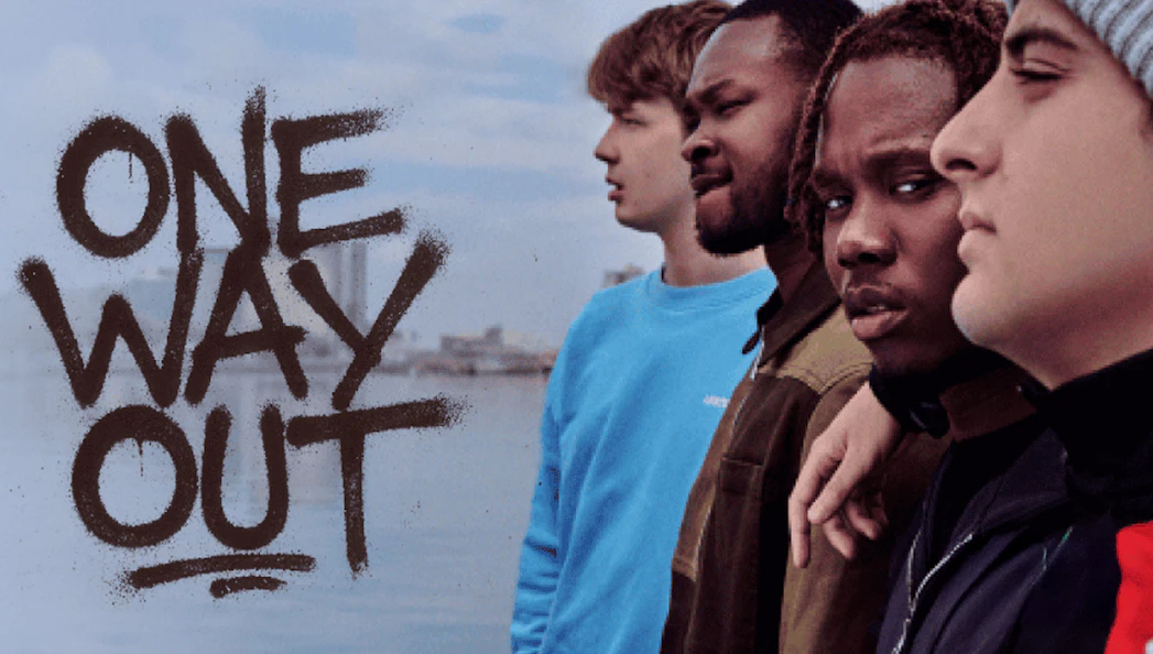 Group of people standing by the water with "One Way Out" text in the background.