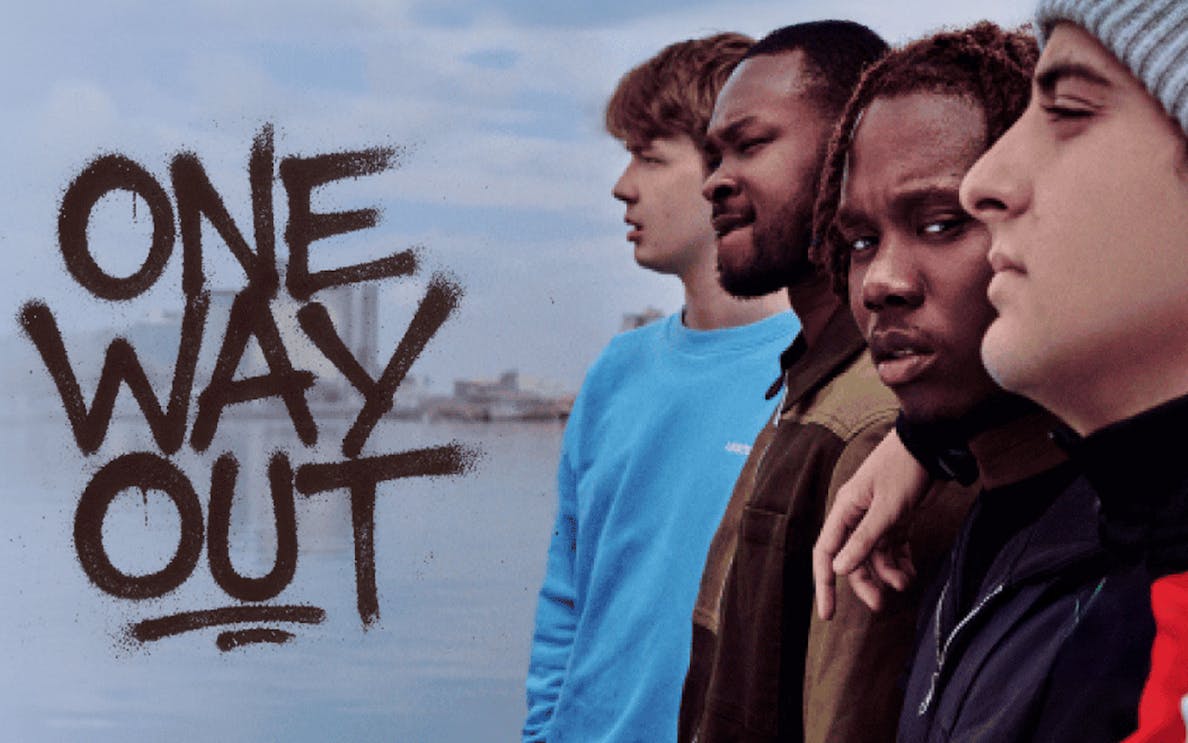 Group of people standing by the water with "One Way Out" text in the background.