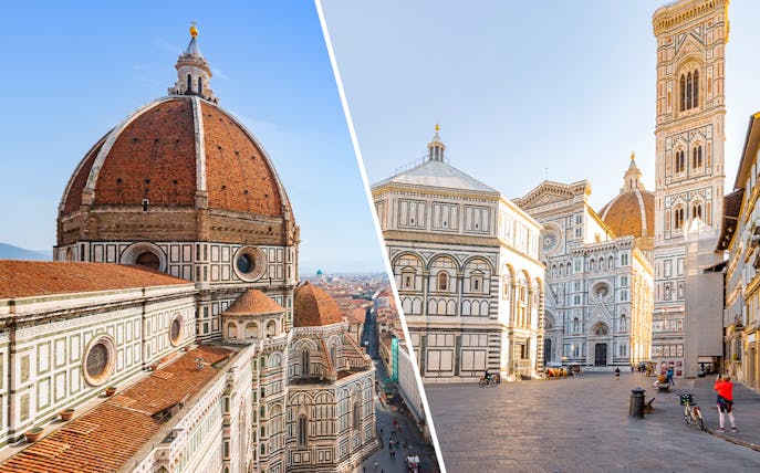 Piazza Duomo and Florence Cathedral with iconic dome and bell tower in Florence, Italy.