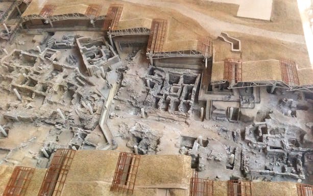 Ancient ruins of Akrotiri archaeological site on Santorini Day Tour.