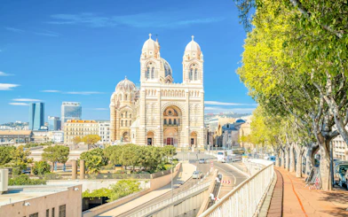 Marseille Cathedral with cityscape and tree-lined street in Marseille, France.