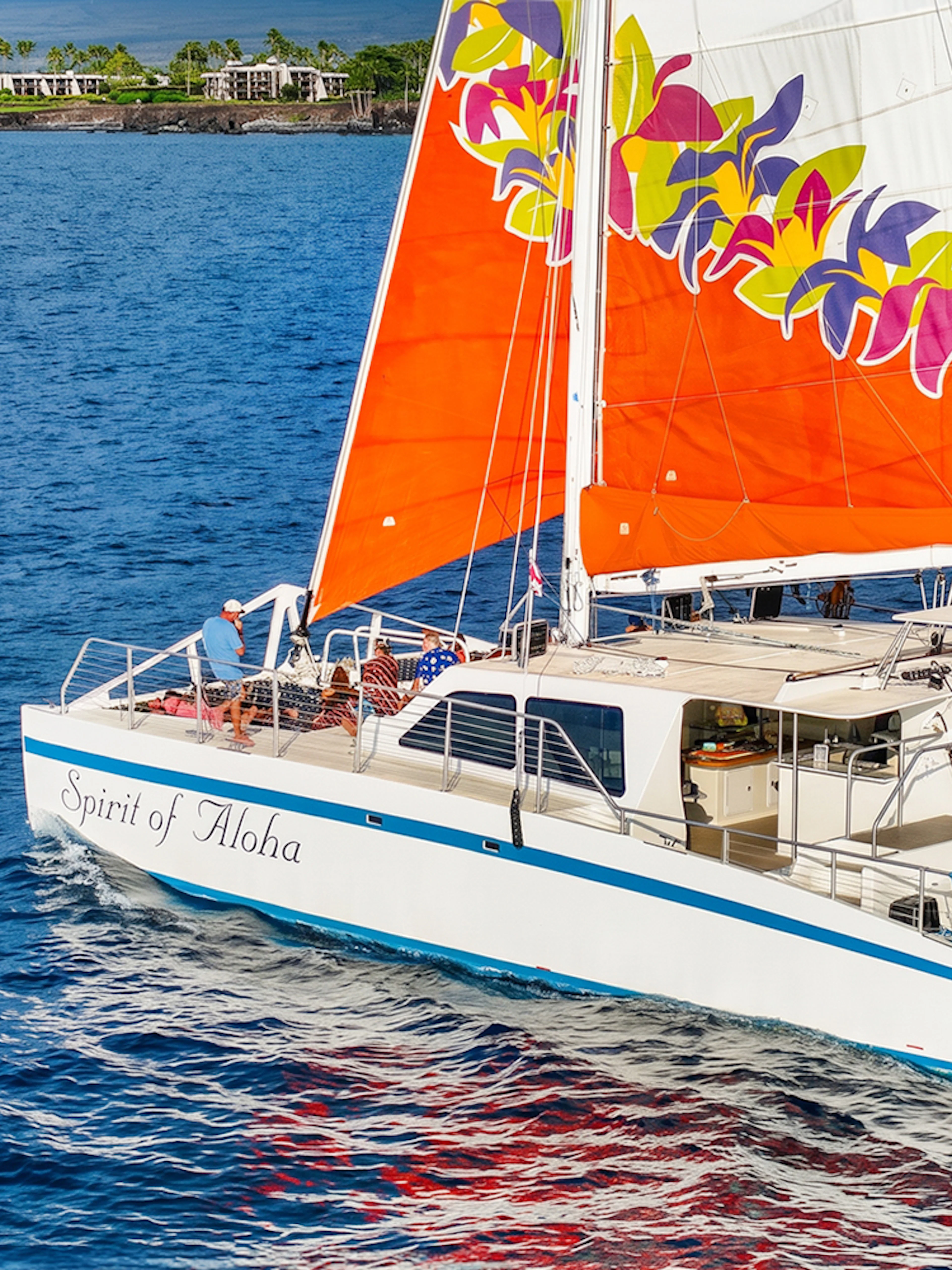 Catamaran sailing near Waikoloa on Big Island with vibrant sails.