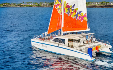 Catamaran sailing near Waikoloa on Big Island with vibrant sails.