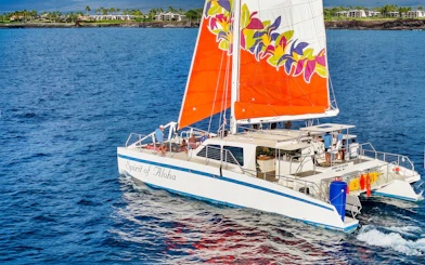 Catamaran sailing near Waikoloa on Big Island with vibrant sails.